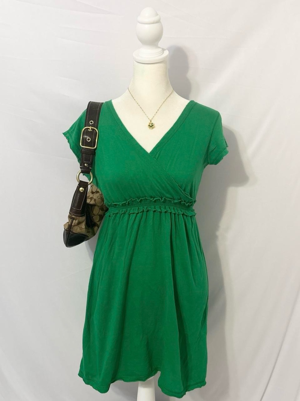 Vintage Green Ruffled V Neck Babydoll Dress
